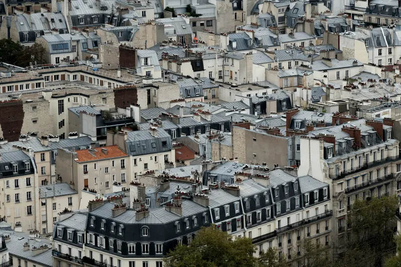 Vue plongeante sur des toits de zinc gris, des lucarnes et des rangées de souches de cheminée, sous un ciel gris