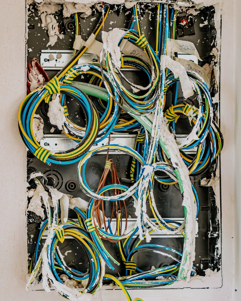 Ancien tableau électrique ouvert, dont les fils jaunes, bleus et noirs s'enroulent en désordre dans le boîtier