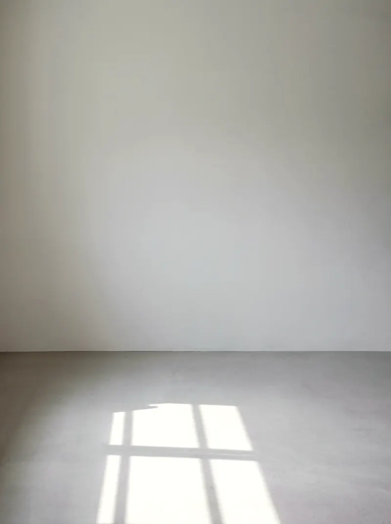 Pièce vide et lumineuse : un grand mur blanc uni, un sol gris clair et la lumière d'une fenêtre posée par terre
