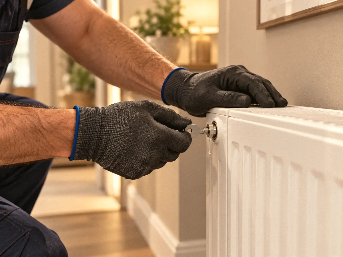 Des mains gantées qui purgent un radiateur blanc avec une clé