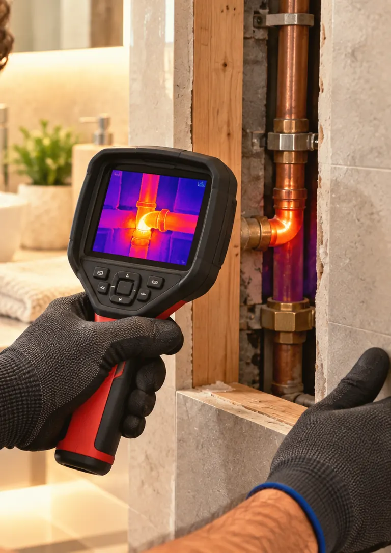 Une caméra thermique tenue devant un mur ouvert pour repérer une fuite sur une canalisation en cuivre
