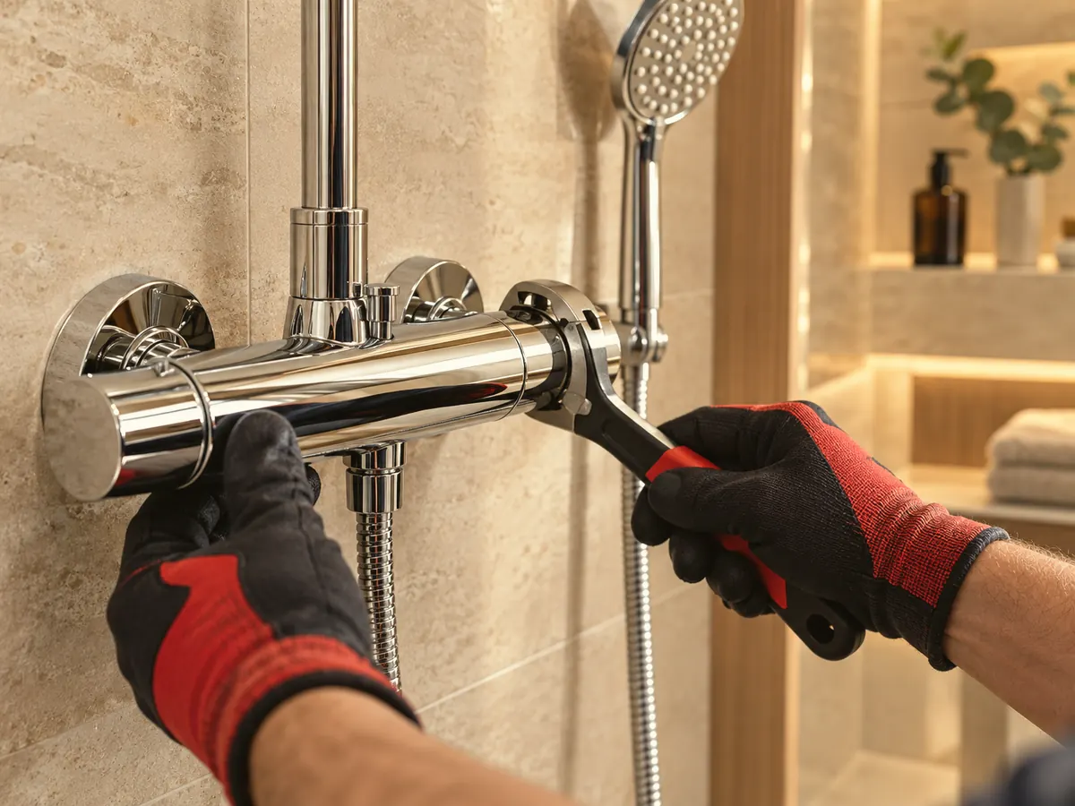 Des mains gantées qui serrent un mitigeur de douche chromé avec une clé