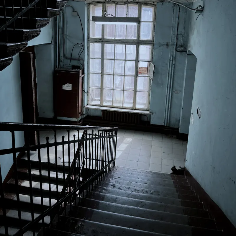Cage d'escalier d'un vieil immeuble, rampes de fer noir, marches sombres et grande fenêtre sur le palier